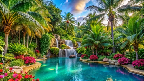 A Serene Oasis Where Palm Trees Gracefully Sway Above a Tranquil Waterfall Cascading into a Pristine Pool