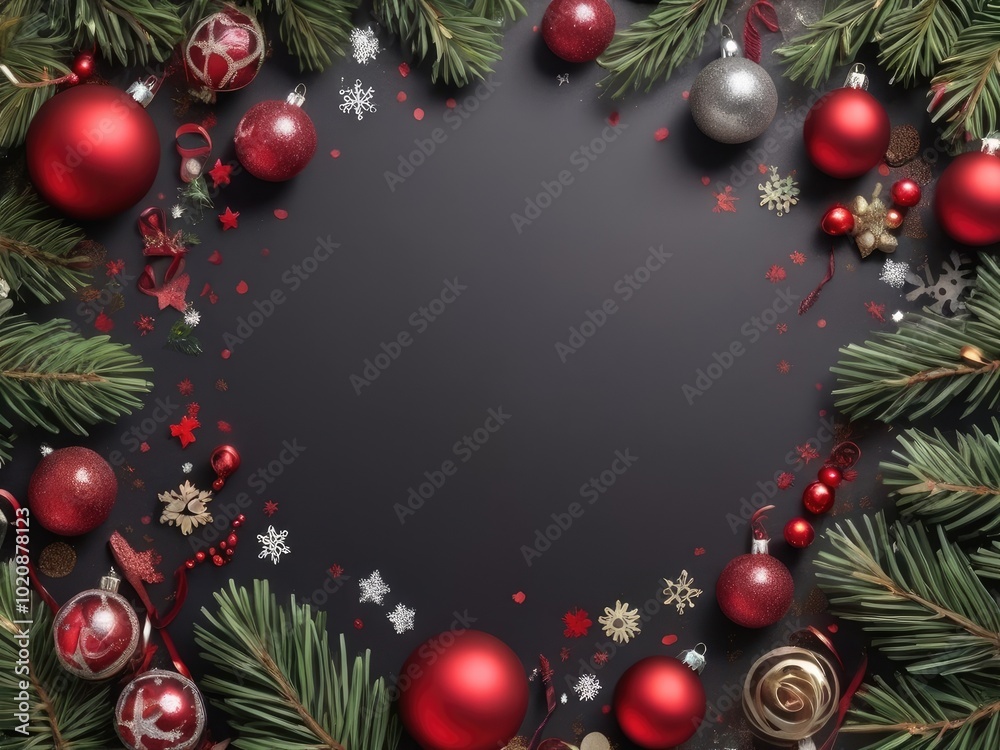 Christmas greeting card with and red color background Christmas no text Tree Decorations, Pine Branches, snowflake and confetti. Christmas greeting card with and red color background Christmas no text Tree Decorations, Pine Branches, snowflake and confetti.