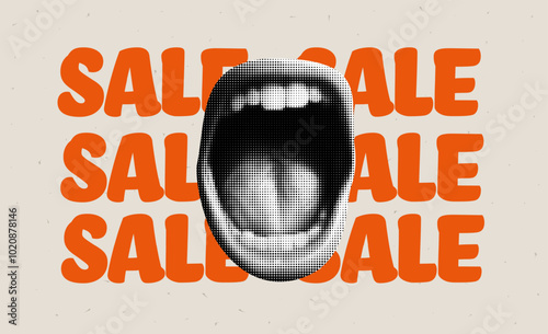 Trendy collage of halftone popart elements with a comic mouth  and creative marketing design for sale.