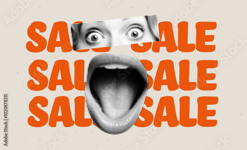 Trendy pop art collage with halftone effects featuring a shouting mouth and eyes. Bold marketing poster for sales