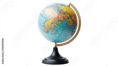 A blue globe with a wooden stand and a gold meridian, isolated against a white background.