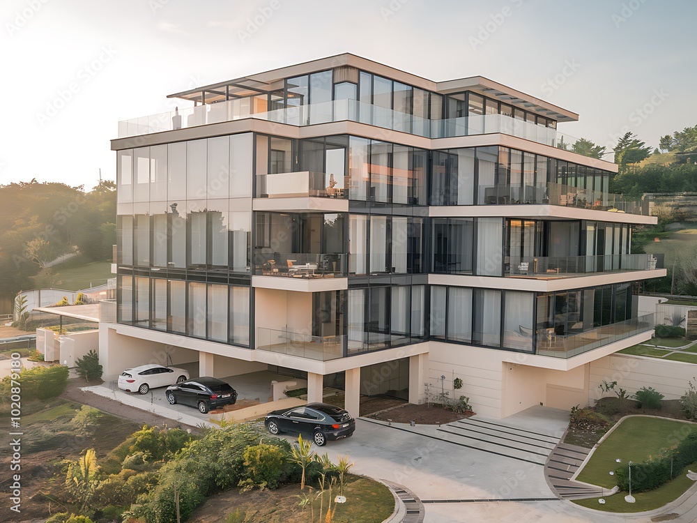 Modern Luxury Home with Glass Facade and Private Driveway Modern Luxury Home with Glass Facade and Private Driveway