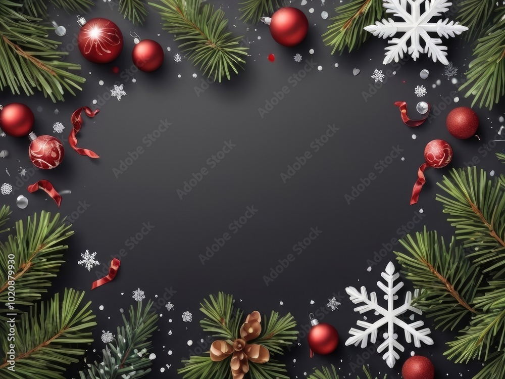 Christmas greeting card with and red color background Christmas no text Tree Decorations, Pine Branches, snowflake and confetti. Christmas greeting card with and red color background Christmas no text Tree Decorations, Pine Branches, snowflake and confetti.