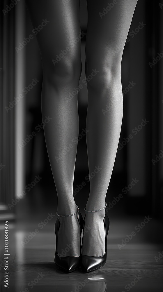 Black and white image of legs in high heels, emphasizing elegance. Black and white image of legs in high heels, emphasizing elegance.