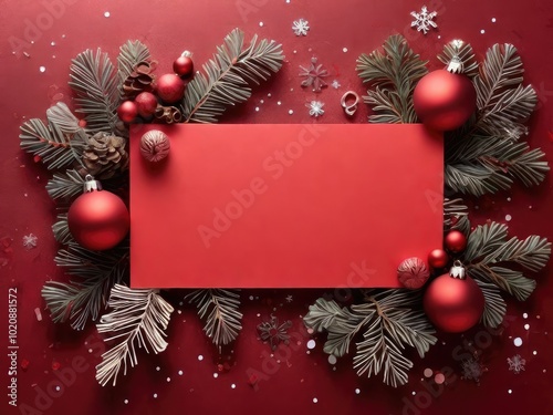 Christmas greeting card with and red color background Christmas no text Tree Decorations, Pine Branches, snowflake and confetti.