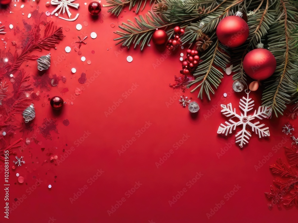 Christmas greeting card with and red color background Christmas no text Tree Decorations, Pine Branches, snowflake and confetti. Christmas greeting card with and red color background Christmas no text Tree Decorations, Pine Branches, snowflake and confetti.