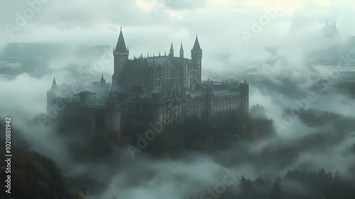 a castle with a fantasy view, cloudy and foggy