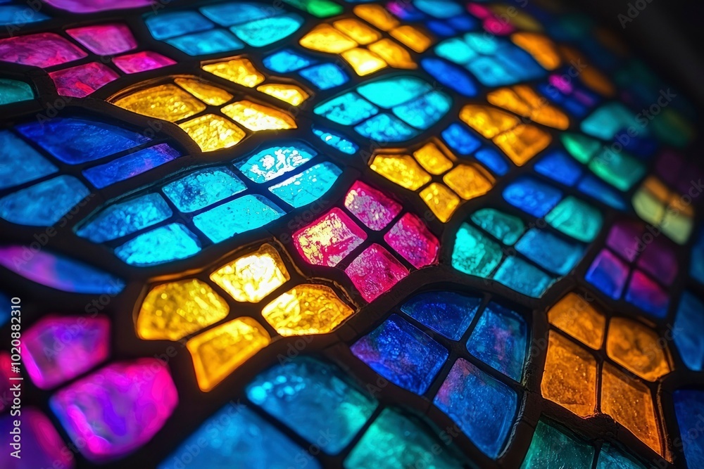 Close-up of a Colorful Stained Glass Window with Irregular Shapes Close-up of a Colorful Stained Glass Window with Irregular Shapes