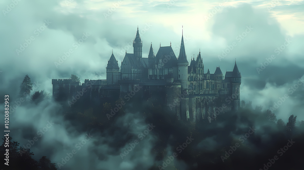Fototapeta premium a castle with a fantasy view, cloudy and foggy
