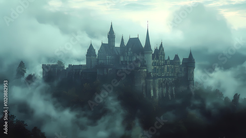 a castle with a fantasy view, cloudy and foggy