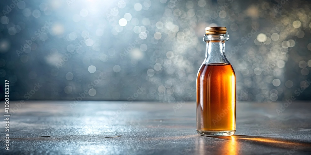 A small glass bottle with a golden cap filled with an amber liquid sits on a textured gray surface with a blurry, sparkling background. A small glass bottle with a golden cap filled with an amber liquid sits on a textured gray surface with a blurry, sparkling background.