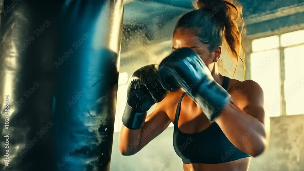 A young African American female boxer strikes a punching bag in a gritty gym environment. She wears sports attire, conveying determination and strength during a morning workout.