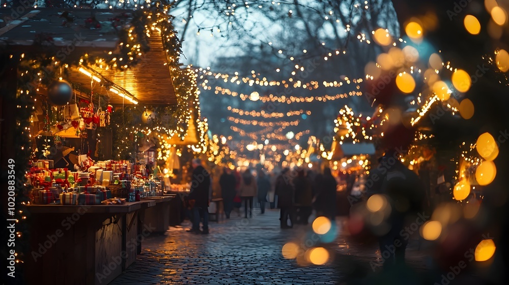 Fototapeta premium Festive Holiday Market Scene with Warm Lights,Bustling Stalls,and People Shopping for Gifts