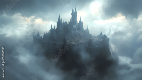 a castle with a fantasy view, cloudy and foggy