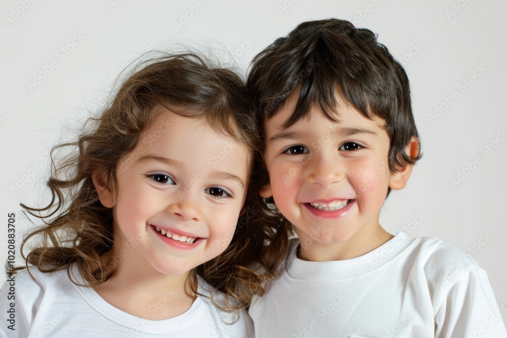 Portrait of a happy little girl and boy on a white background Portrait of a happy little girl and boy on a white background