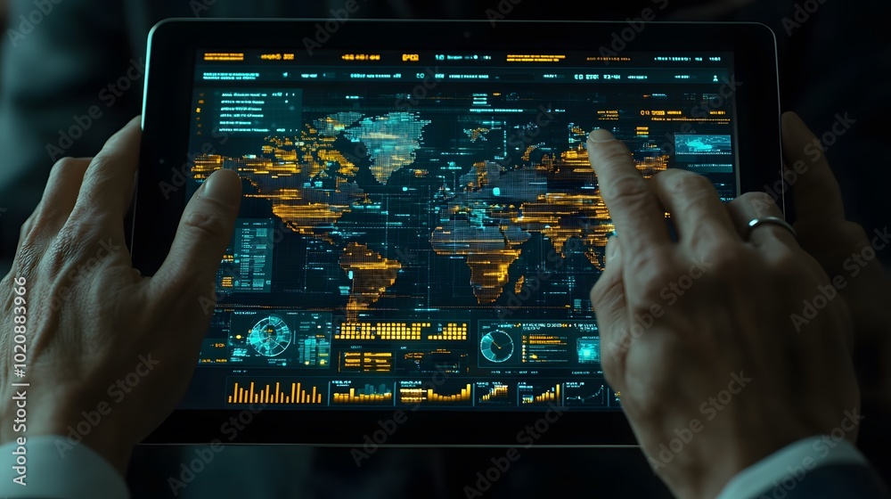 Business analyst reviewing data on a tablet, financial reports and analytics in the background Business analyst reviewing data on a tablet, financial reports and analytics in the background