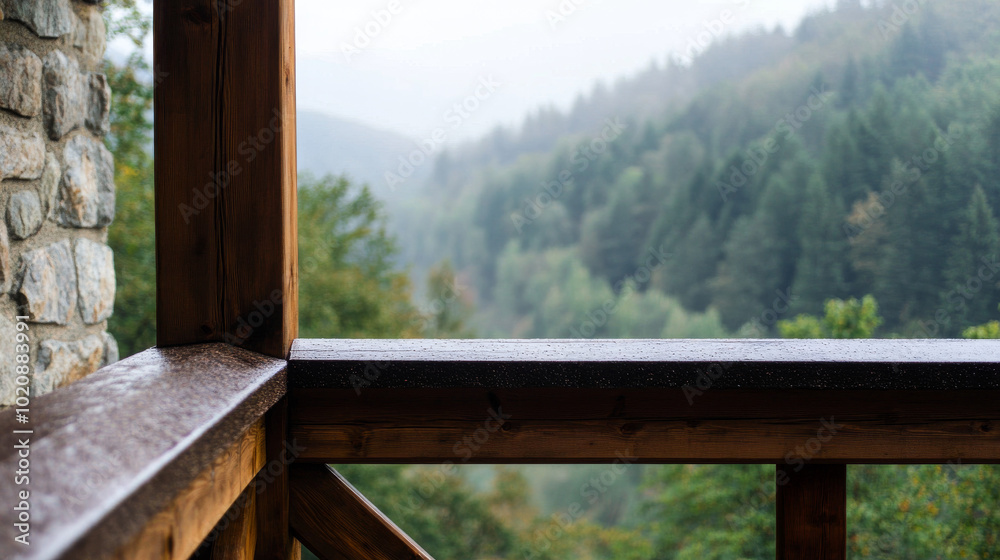 A peaceful scene from a wooden cabin balcony, overlooking a misty, rain-soaked forest. The wet railing adds to the tranquil, serene atmosphere.
A peaceful scene from a wooden cabin balcony, overlooking a misty, rain-soaked forest. The wet railing adds to the tranquil, serene atmosphere.