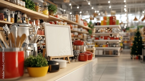 A large white signboard within the kitchenware department of a department store, positioned prominently among various kitchen items like pots, pans, utensils, and cookware sets.