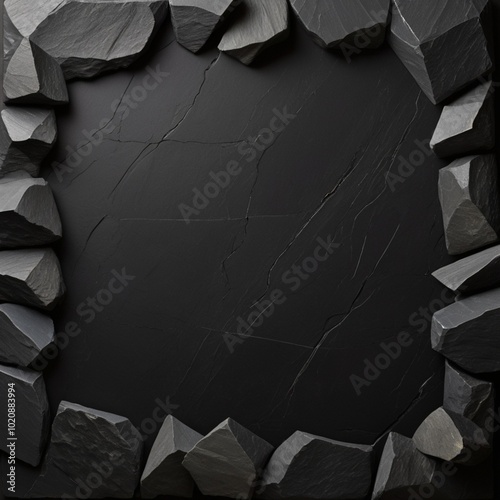 Black slate stone border formation with deep cracks and jagged edges for natural, dark background design - square background