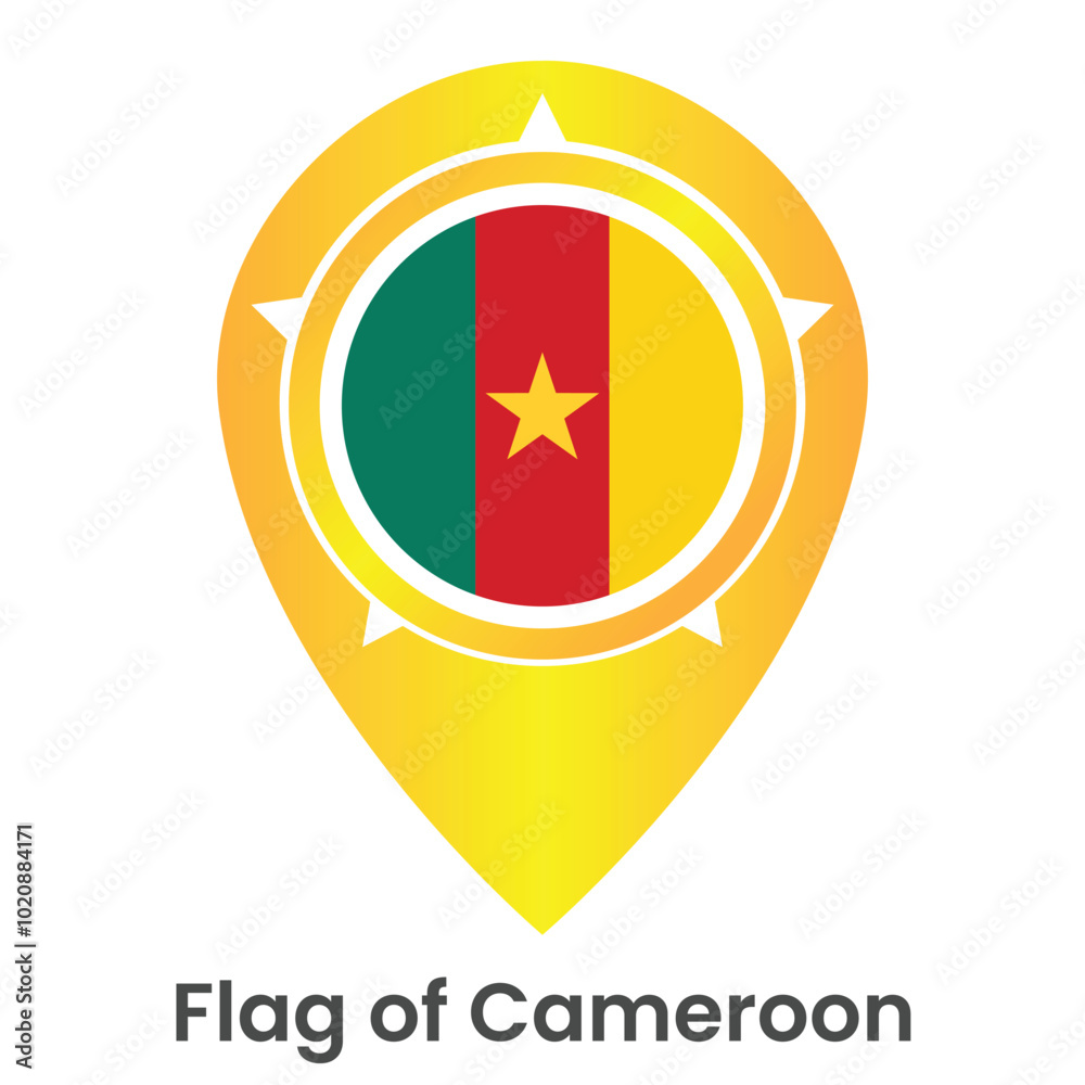Pinpoint vector icon with Cameroon national flag isolated on white background. Map pointer symbol for website, gps navigator, apps. Illustration in flat design. Location marker. Pinpoint vector icon with Cameroon national flag isolated on white background. Map pointer symbol for website, gps navigator, apps. Illustration in flat design. Location marker.