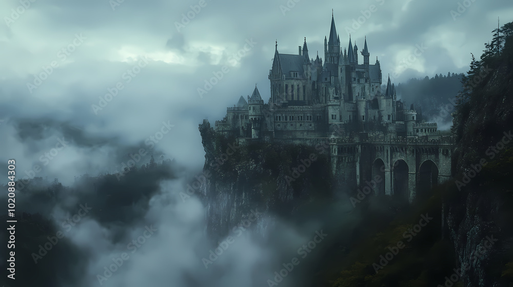 Fototapeta premium a castle with a fantasy view, cloudy and foggy