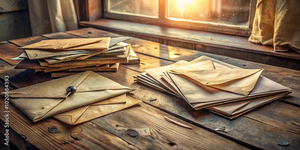 A weathered wooden table bathed in golden light, holding a collection of worn envelopes, each one a testament to untold stories and distant connections. A weathered wooden table bathed in golden light, holding a collection of worn envelopes, each one a testament to untold stories and distant connections.