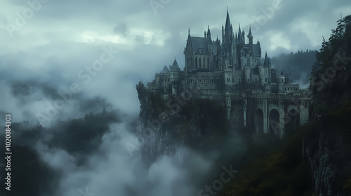 a castle with a fantasy view, cloudy and foggy