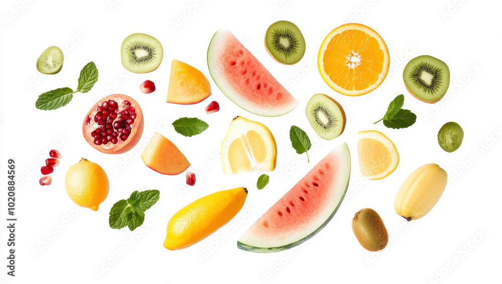 Fresh and colorful fruits flying in the air on white background Fresh and colorful fruits flying in the air on white background