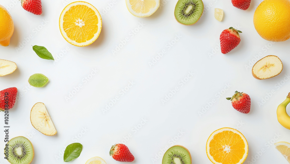 Vibrant fruit arrangement with oranges, kiwis, bananas, and strawberries Vibrant fruit arrangement with oranges, kiwis, bananas, and strawberries