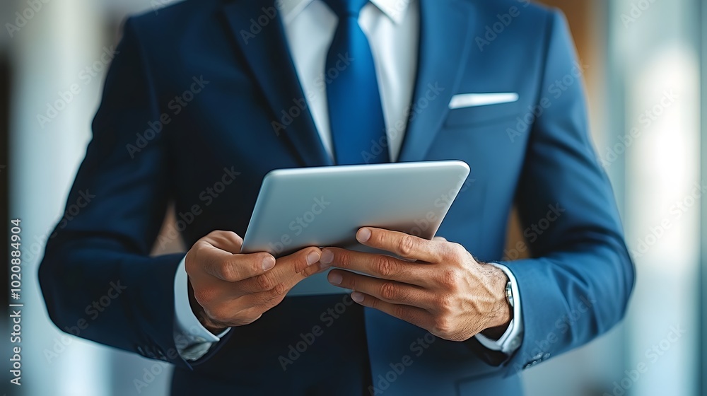 Group of professionals reviewing data on tablets during a financial planning meeting, sleek office background Group of professionals reviewing data on tablets during a financial planning meeting, sleek office background