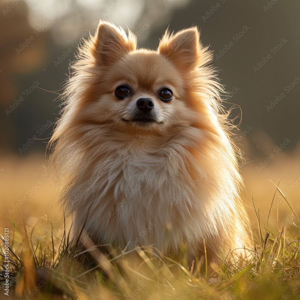 Adorable Pomeranian dog basking in the golden sunlight of a lush meadow, capturing the essence of joy and companionship in nature Adorable Pomeranian dog basking in the golden sunlight of a lush meadow, capturing the essence of joy and companionship in nature