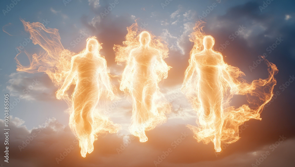 Fototapeta premium Three ethereal figures glowing with golden fiery light in the sky