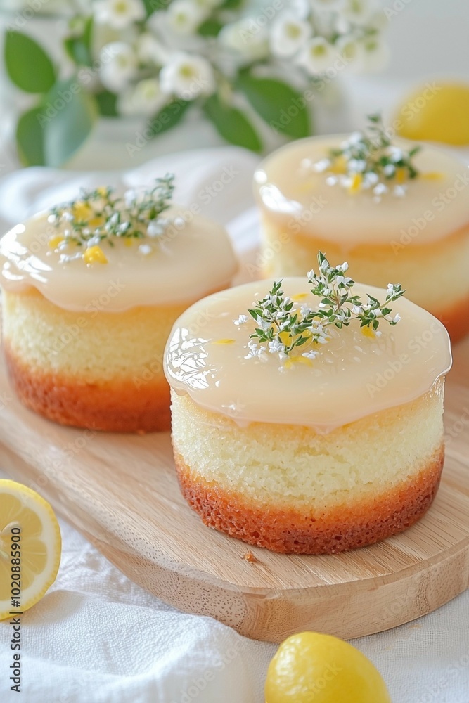 Lemon Glazed Mini Cakes with Fresh Herb Garnish