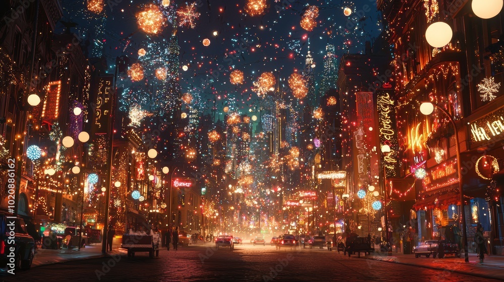 City street illuminated with lights during a festive celebration at night City street illuminated with lights during a festive celebration at night