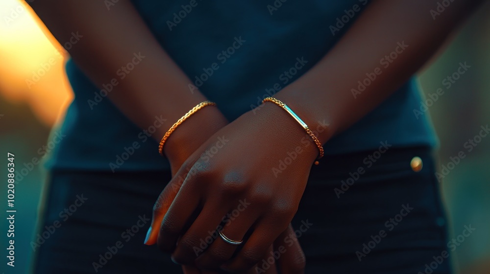 Close-up of hands adorned with gold bracelets at sunset. Close-up of hands adorned with gold bracelets at sunset.