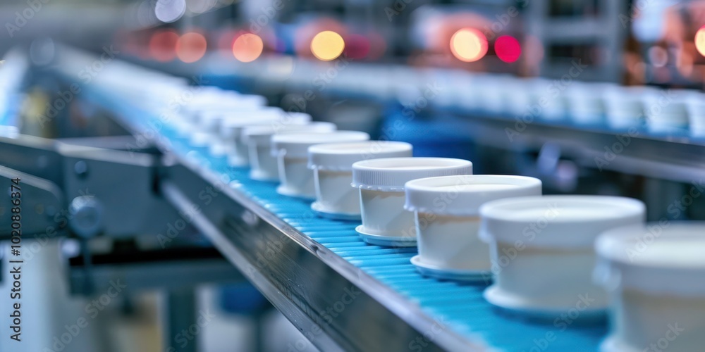 Hygienic packaging of dairy products on a conveyor belt in a milk production plant