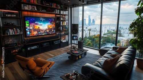 Work from home office design ideas, a modern man cave gaming room with bookshelves, with sofa and led lighting in the ceiling, wooden floor, masculine decor.