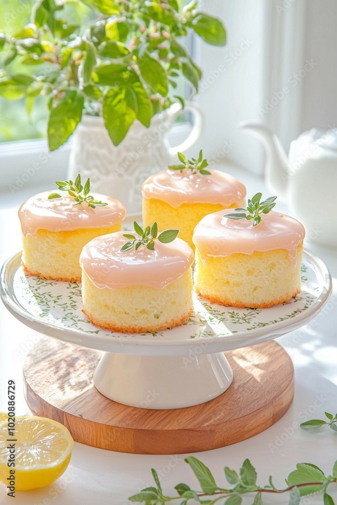 Lemon Glazed Mini Cakes with Fresh Herb Garnish