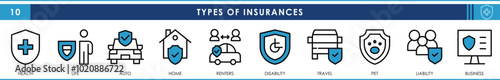 A set of line icons related to Types of Insurance. Health, life, auto, home, renters, disability, pet, travel, and so on. Vector editable stroke.