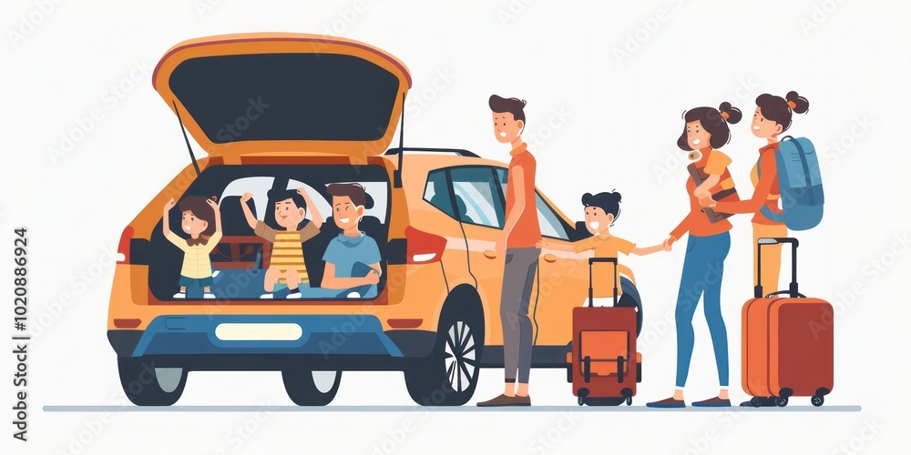 Illustration of a family traveling together with luggage in the trunk as car passengers Illustration of a family traveling together with luggage in the trunk as car passengers