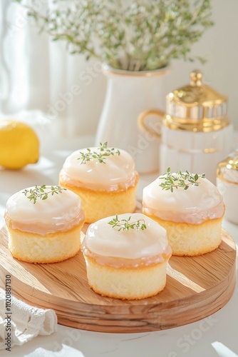 Lemon Glazed Mini Cakes with Fresh Herb Garnish