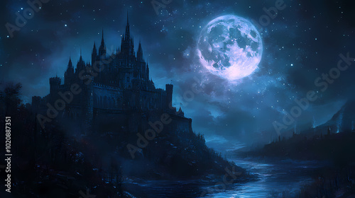 A mighty castle in the moonlight.