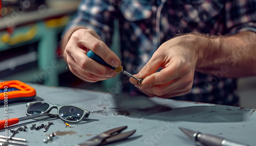 Handyman repairing sunglasses with screwdriver at grey table, closeup