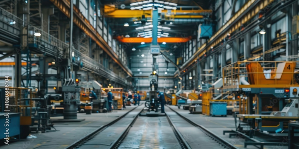 Interior view of a modern factory floor with workers operating heavy machinery Interior view of a modern factory floor with workers operating heavy machinery
