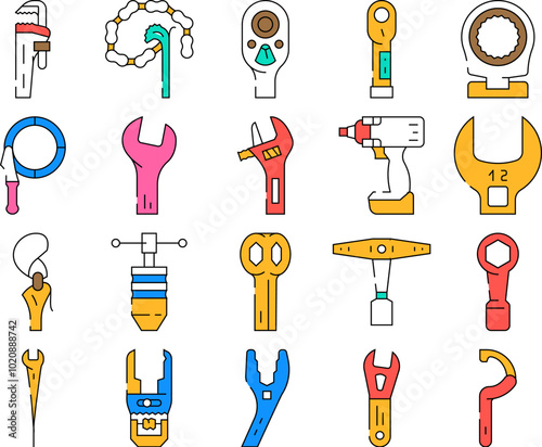 wrench tool spanner repair icons set vector. work maintenance, workshop key, mechanic equipment, construction mechanical wrench tool spanner repair color Contour Illustrations
