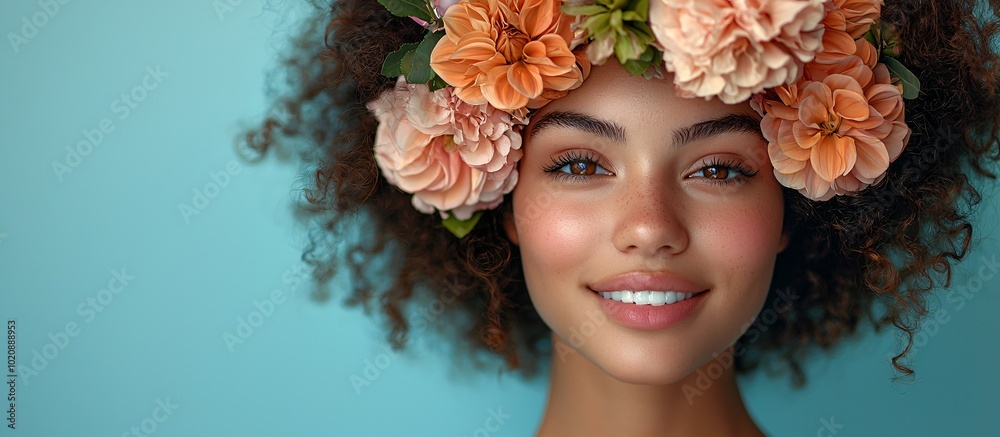 A cheerful young woman with a floral crown smiles against a turquoise backdrop, perfect for Mental Health Day campaigns, wellness events, or self-care promotions. A cheerful young woman with a floral crown smiles against a turquoise backdrop, perfect for Mental Health Day campaigns, wellness events, or self-care promotions.