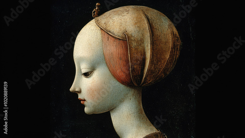 Antique cracked wooden portrait of a medieval figure in profile