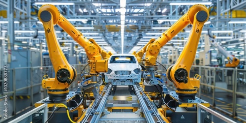 Robotic arms assembling car parts on an assembly line in a modern automobile factory