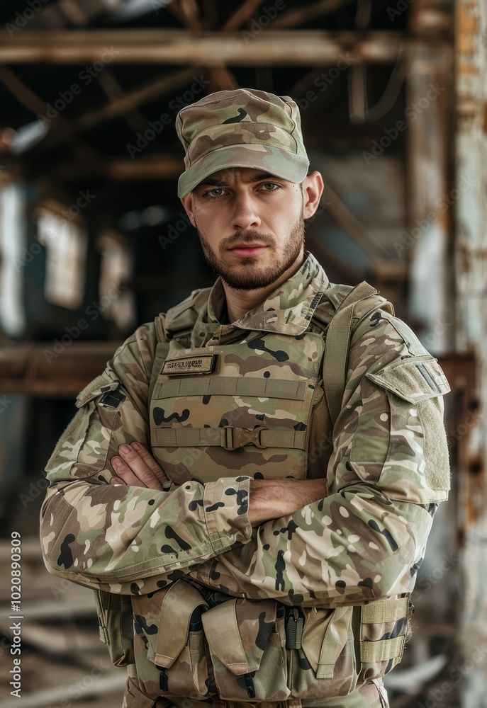 Soldier in camouflage uniform, standing guard on military base Soldier in camouflage uniform, standing guard on military base