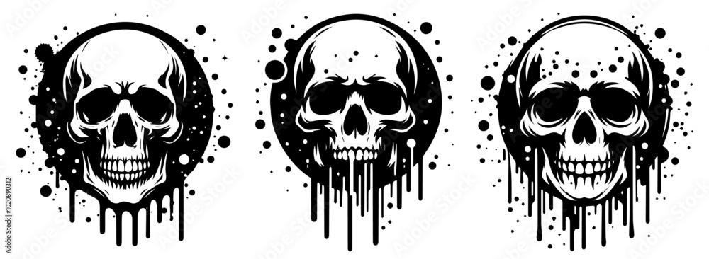 black vector illustration of skulls with dripping paint and splatter black vector illustration of skulls with dripping paint and splatter